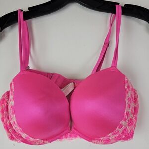 PINK Victorias Secret Heartbreaker Push Up Hot Pink Underwire Bra 36C Lace Satin